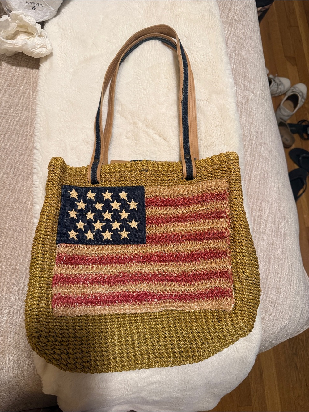 Woven Straw Tote Bag with American Flag Accent -